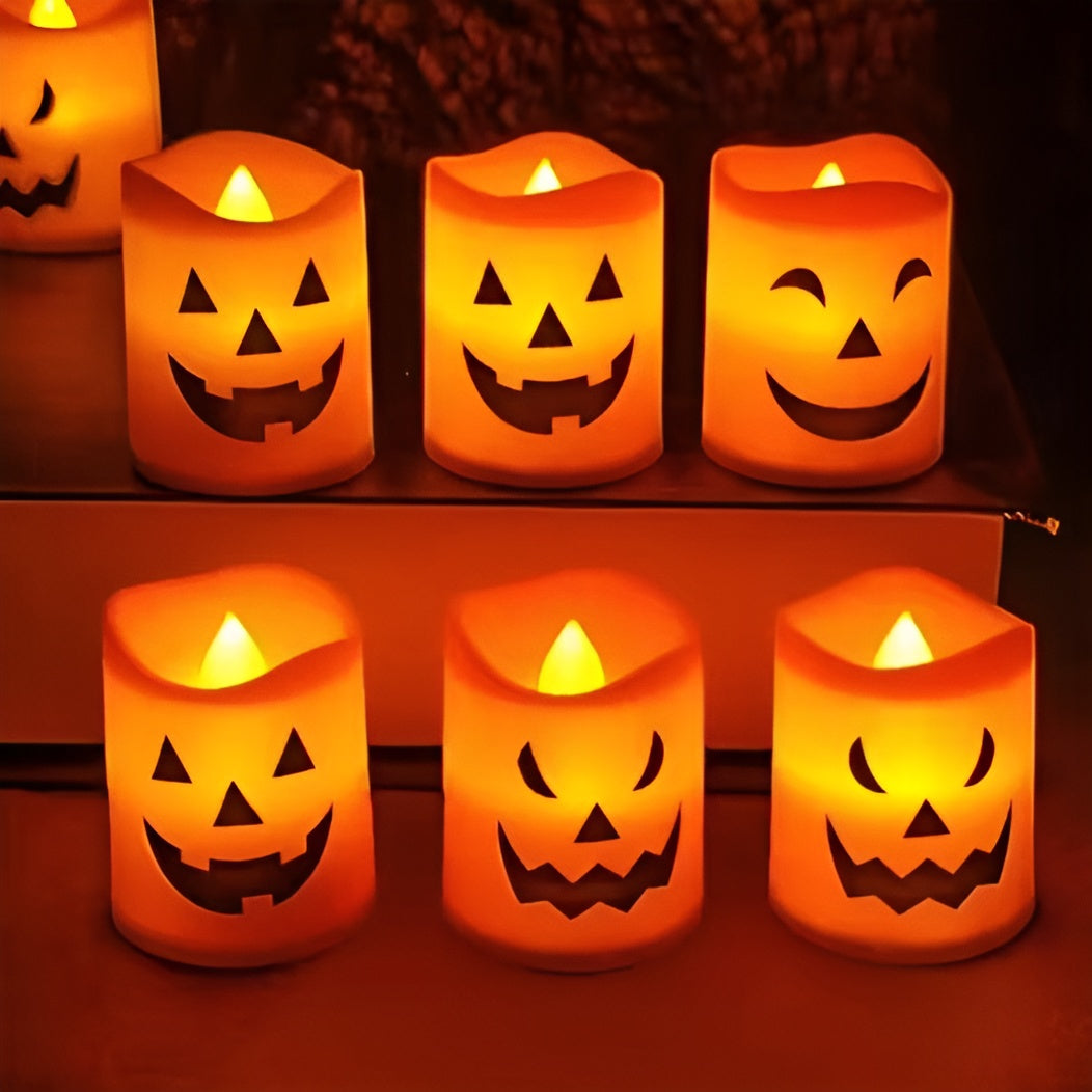 🕯️ 6pcs Halloween Flameless Pumpkin Candles – LED Flickering Lights