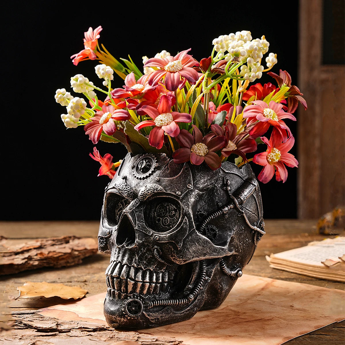 💀 Punk-Style Skull Vase – Mechanical Halloween Planter