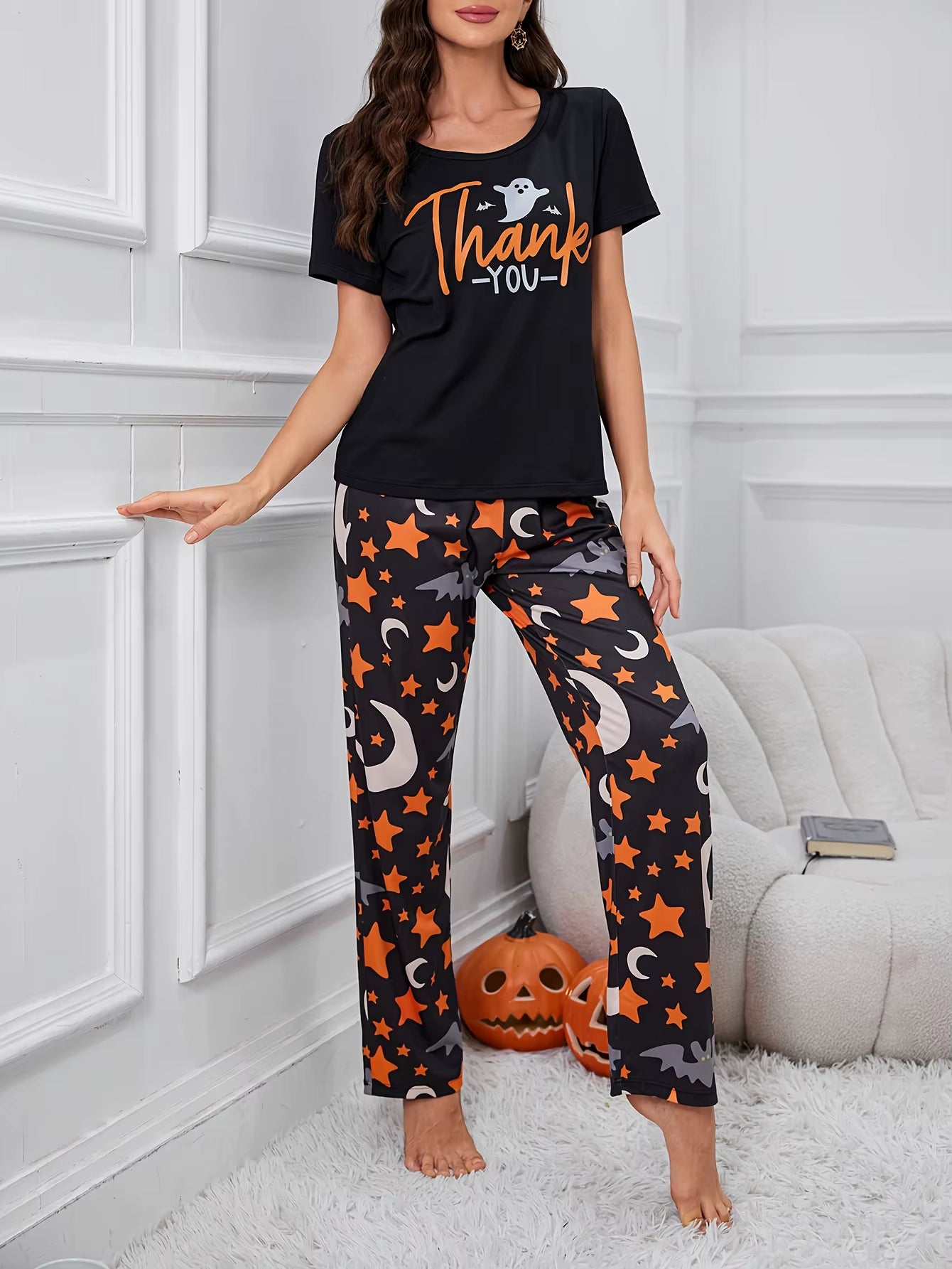 🎃 Halloween Cartoon Pajama Set – Cute Short-Sleeve & Pants
