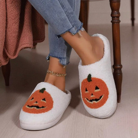Cotton Fluffy Slippers Home Cartoon Pumpkin Platform Plush Slides Couple 2025 Funny Halloween Casual Designer Shoes Women Indoor