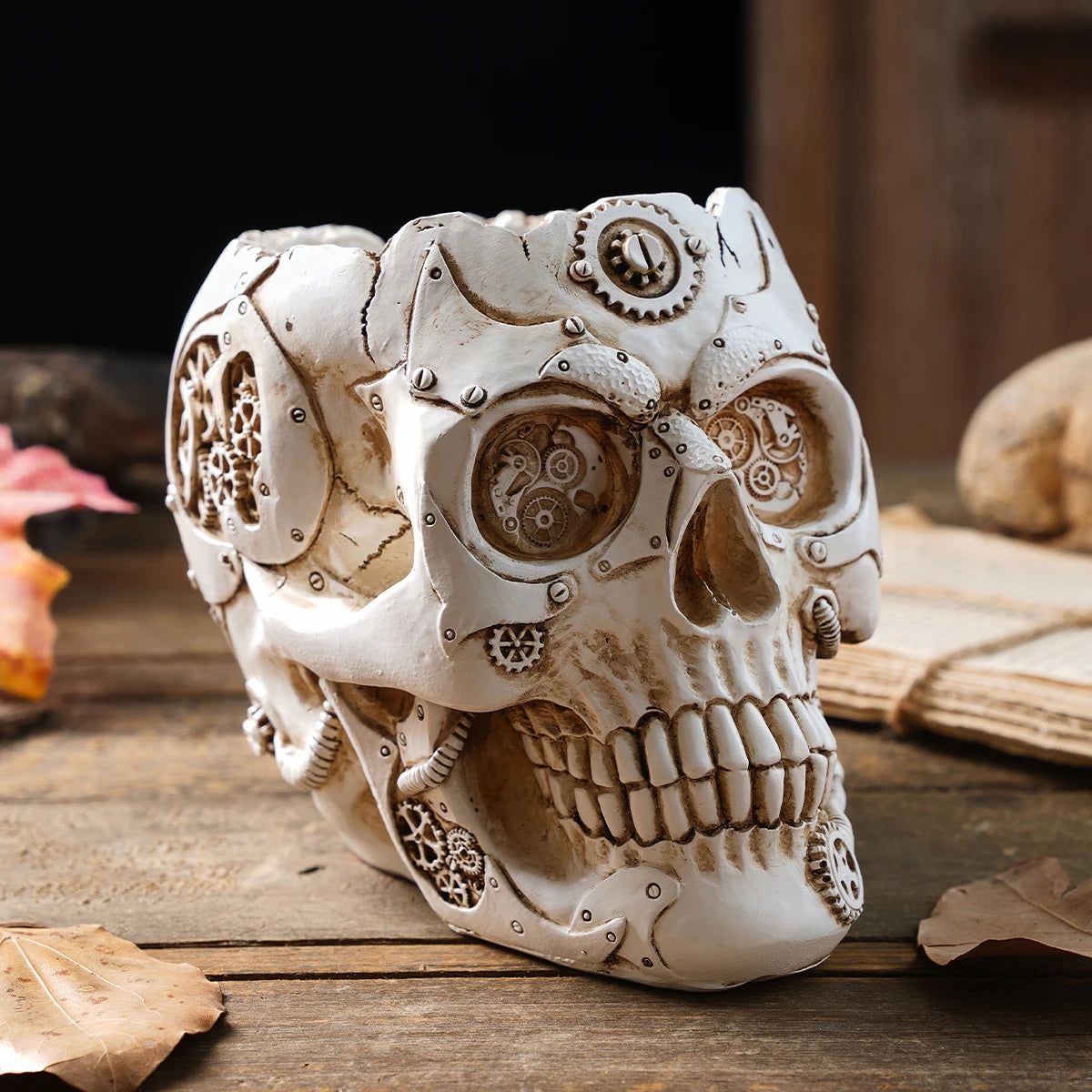 💀 Punk-Style Skull Vase – Mechanical Halloween Planter