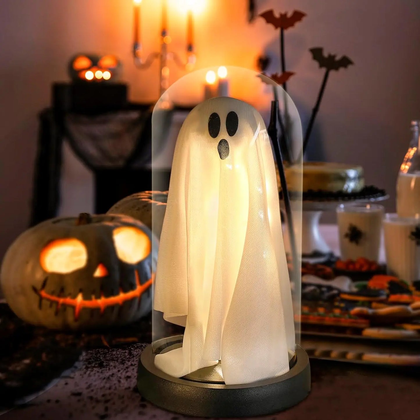 Spookify Your Space with Our Adorable Light-Up Ghost in a Glass Cloche! 🎃👻✨