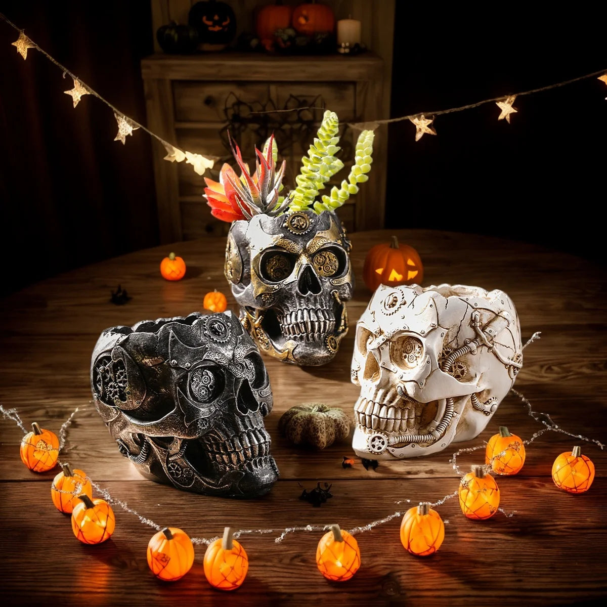 💀 Punk-Style Skull Vase – Mechanical Halloween Planter