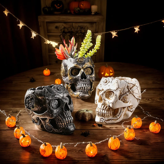 💀 Punk-Style Skull Vase – Mechanical Halloween Planter