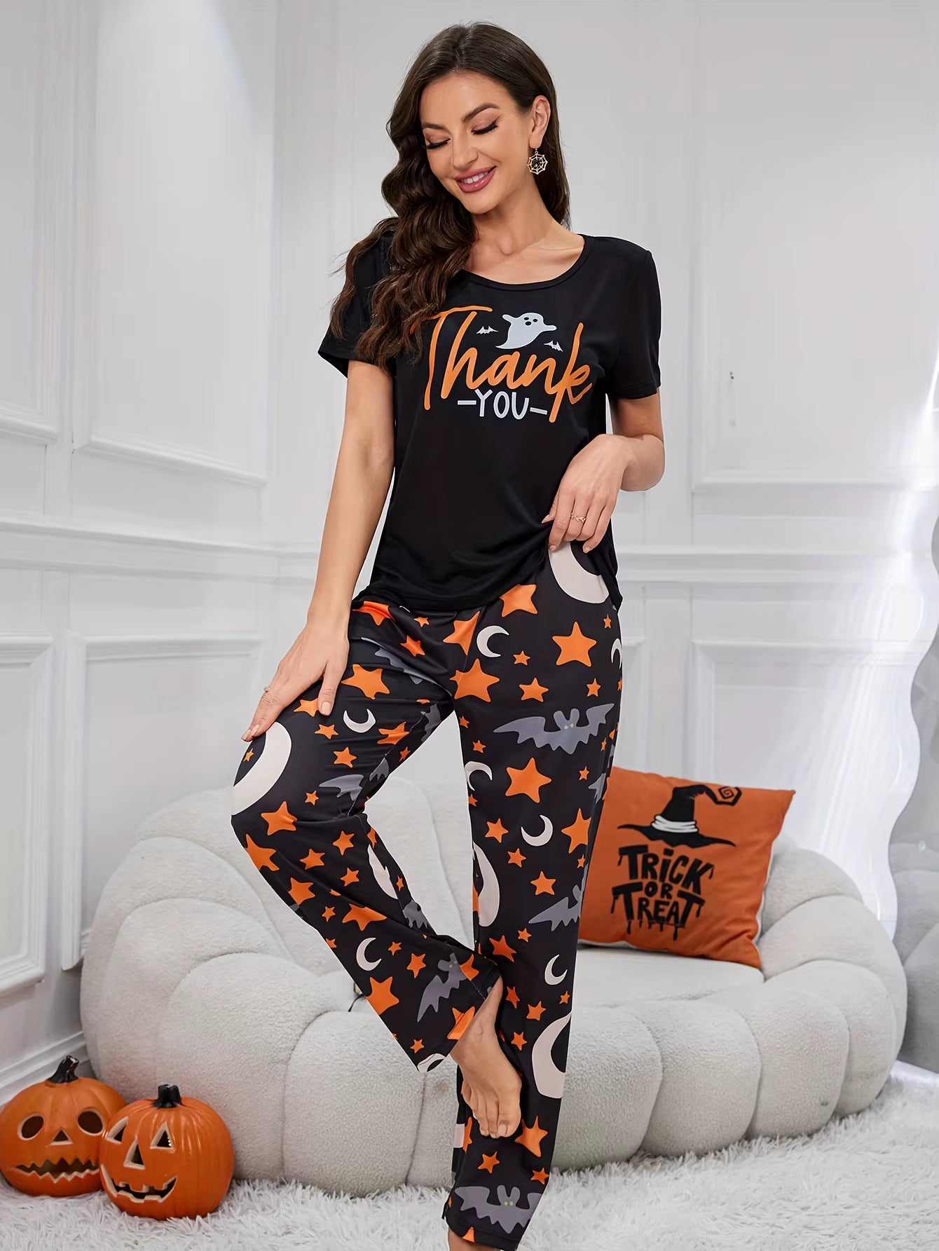🎃 Halloween Cartoon Pajama Set – Cute Short-Sleeve & Pants