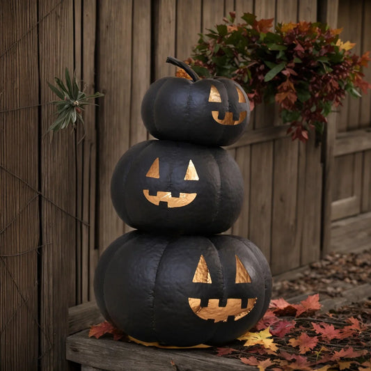🎃 8" LED Stacked Jack-O'-Lantern – Rustic Metal Halloween Decor